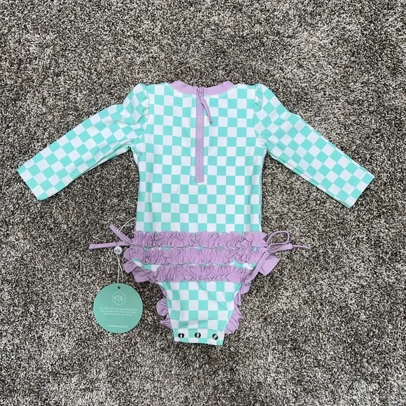 Caden Lane Checkered Long Sleeve Ruffled Rear Swimsuit - Picture 2 of 2